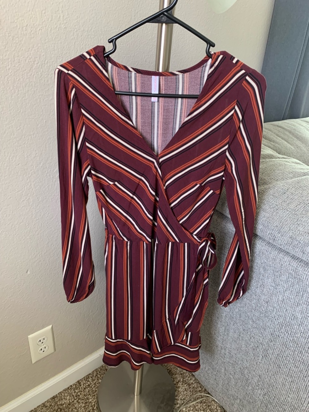 Xhilaration Burgundy Striped Wrap Long-Sleeve Dress
